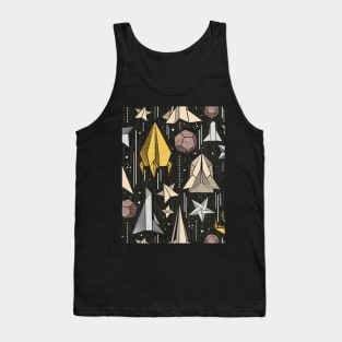 Reaching for the stars // pattern // black background ivory grey brown and yellow origami paper asteroids stars and space ships traveling light speed Tank Top